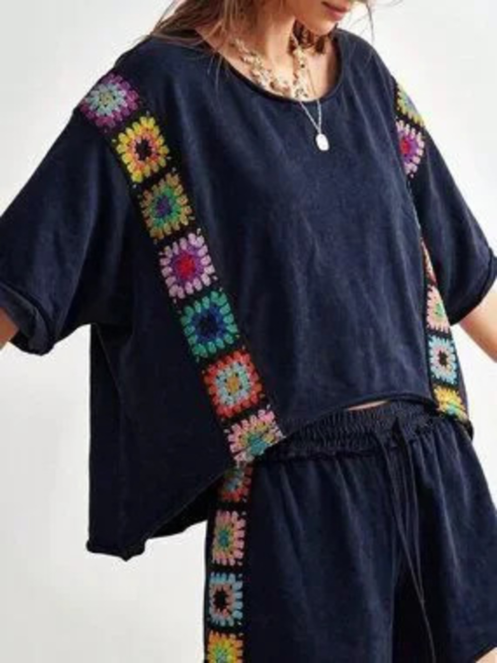 Navy Blue Casual Women's Knit Round Neck Loose Short Sleeve T-Shirt & Shorts